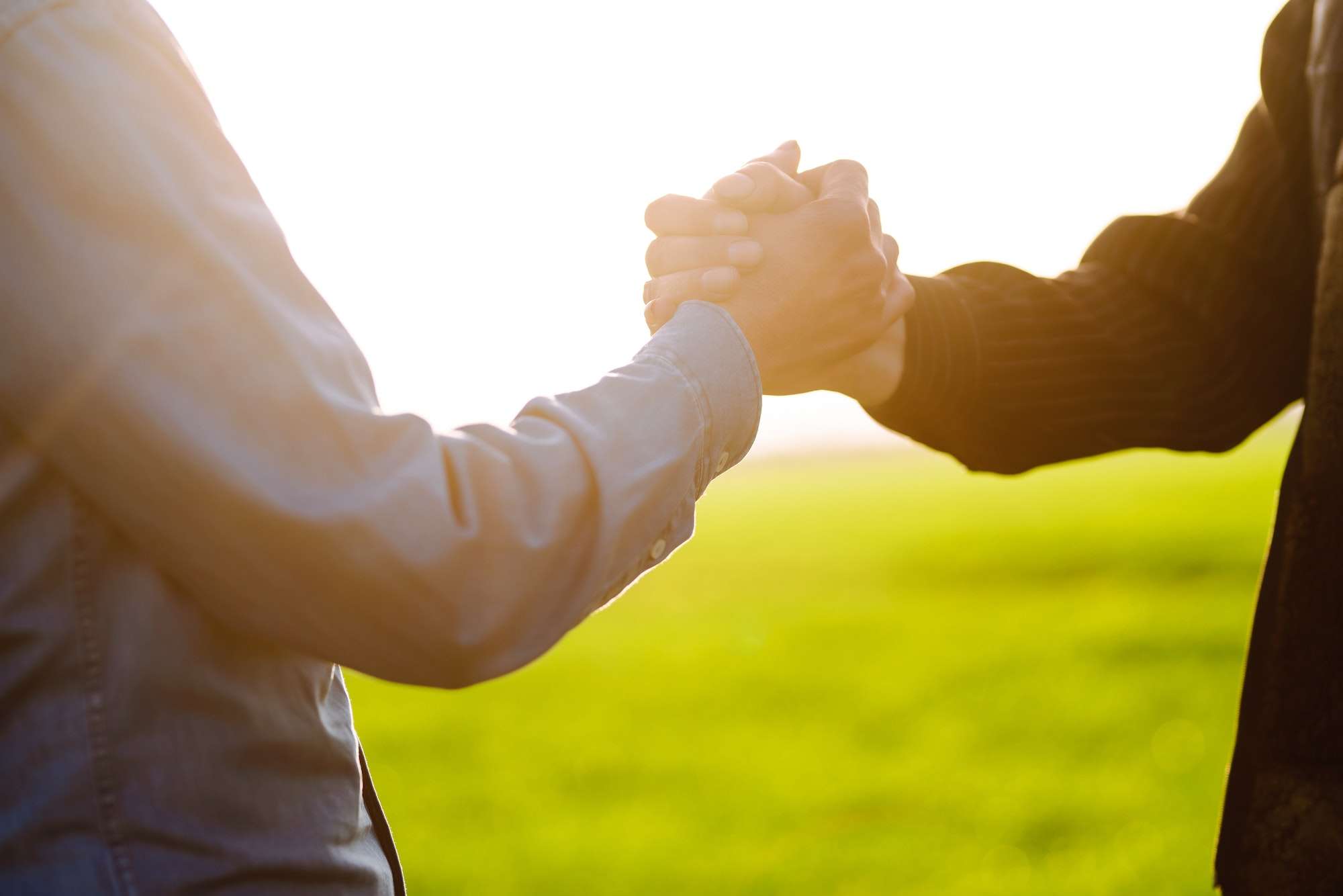 Handshake two farmer on background of wheat field at sunset. The concept of agricultural business.